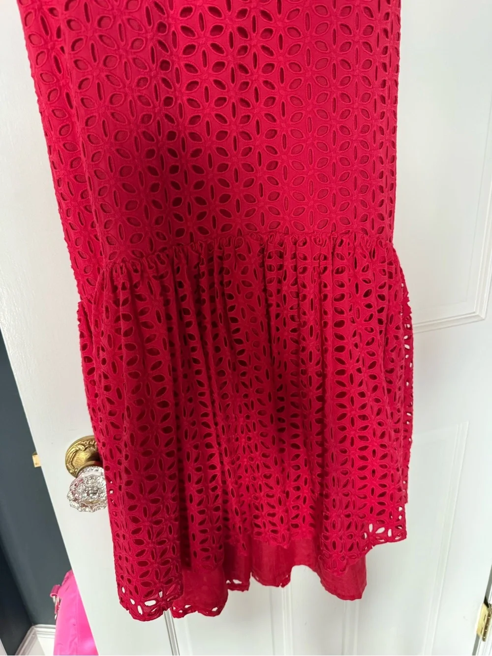 NADINE MERABI Julia Red Eyelet Midi Dress, Belt and Removable shoulder ruffles